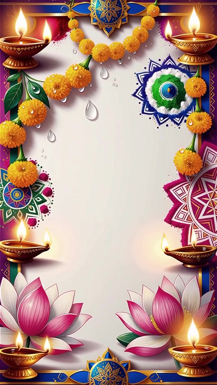 Sfondo Diwali con Diyas luminosi, Rangoli e fiori di loto