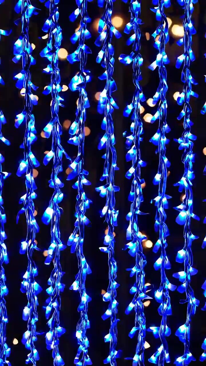 Vertical Strands of Glowing Blue LED Christmas Lights