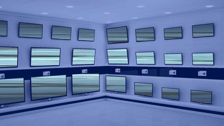 Animation of rows of television sets in store with pattern on screens