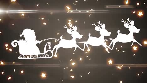 Animation-of-glowing-stars-falling-over-santa-claus-in-sleigh-with-reindeer