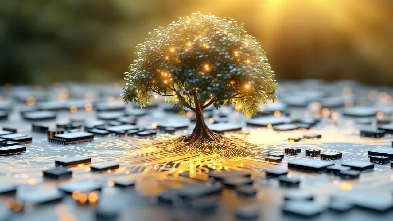 Tree sprouts from circuit board. A tree grows from a circuit board in warm sunlight, symbolizing the harmony of technology and nature.