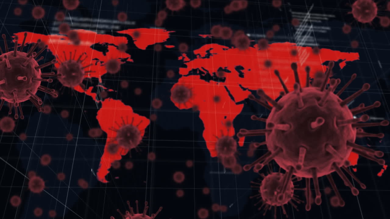 animação de células de covid-19 e mapa do mundo