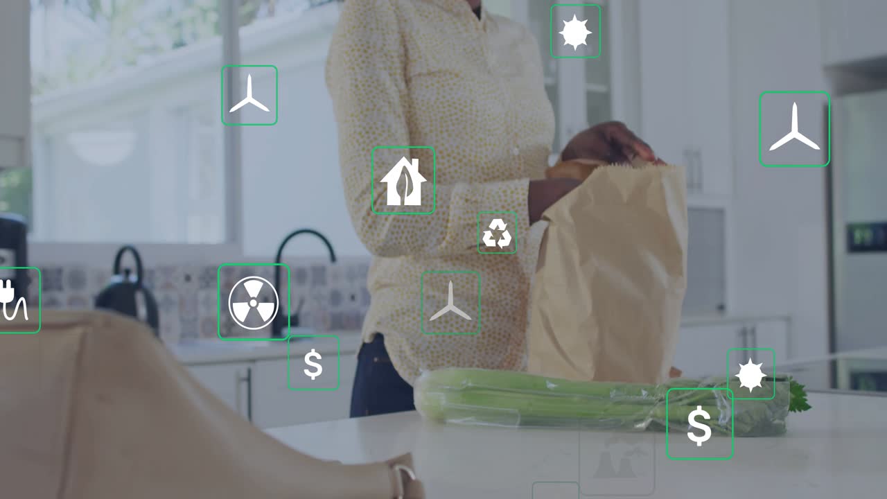 Woman entering kitchen placing bag, unpacking celery on island for home, eco icons overlaying