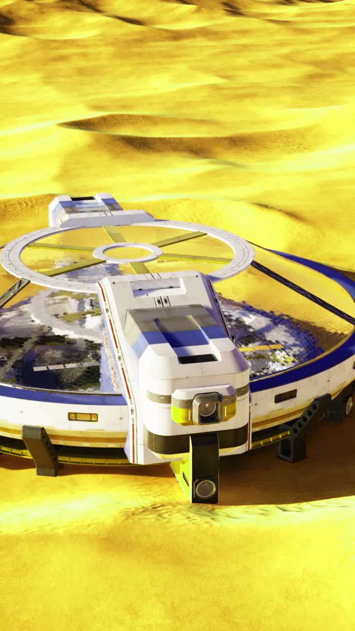 Exploration laboratory on the surface of an alien planet with golden terrain