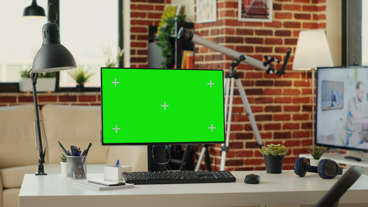 Empty work table with greenscreen template on monitor