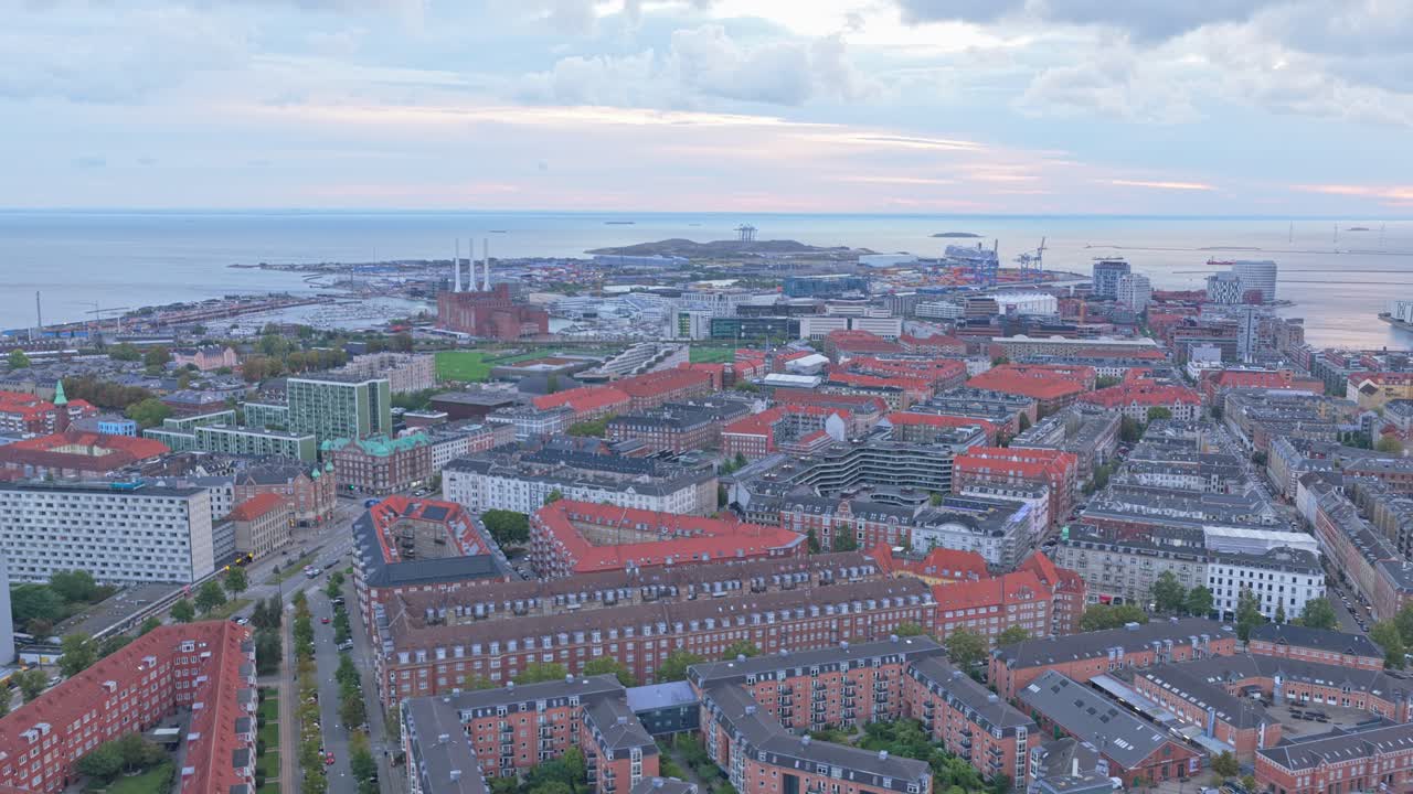 Aerial of Copenhagen, Denmark historic center, canals, and rooftops
