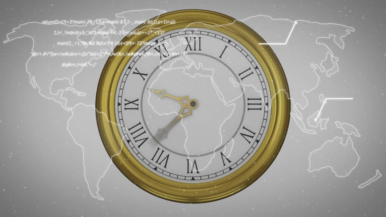 회색 배경의 세계 지도 위에서 빠르게 움직이는 빈티지 시계와 데이터 처리의 애니메이션
