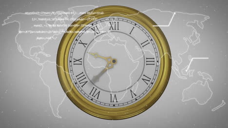 animación de reloj vintage moviéndose rápidamente y procesamiento de datos sobre el mapa del mundo en fondo gris
