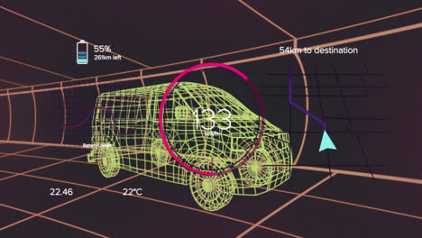 Animation-of-changing-numbers-in-circles,-battery-icons-over-3d-model-of-van-on-black-background