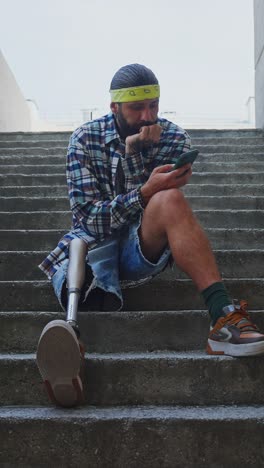 man with prosthetic leg sitting on stairs using smartphone