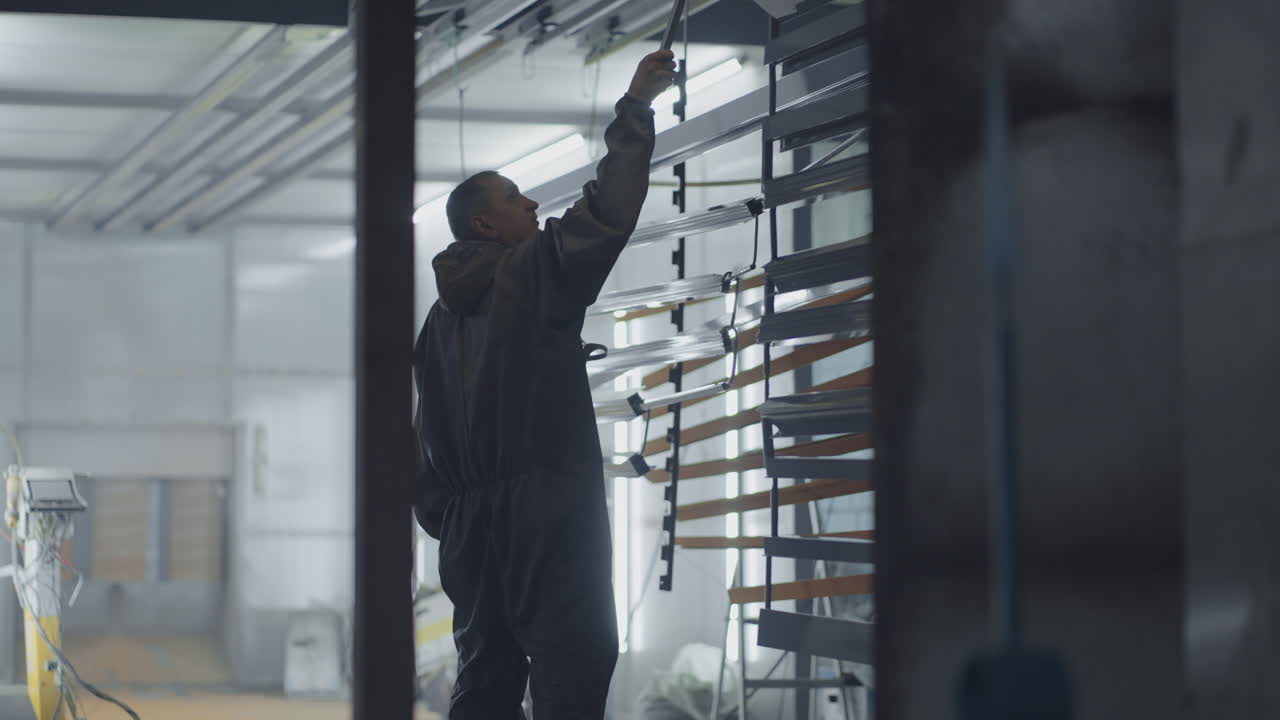 카메라는 작업 중인 사람을 따라 움직여 페인트를  ⁇ 기 위해 오븐에서 부품을 꺼낸다. 강철 금속 제품을 생산하는 공장. 페인팅 워크 ⁇