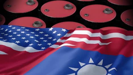 animación de barriles de petróleo sobre las banderas de taiwán y estados unidos