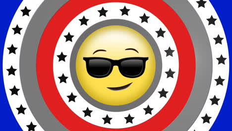 animación de emoji en gafas de sol sobre los círculos de la bandera de los estados unidos de américa