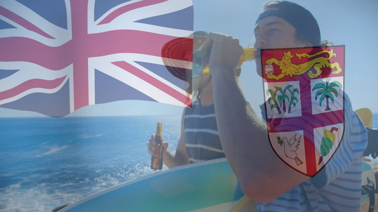 On beach, men drinking beer with Union Jack and Fiji coat of arms animation