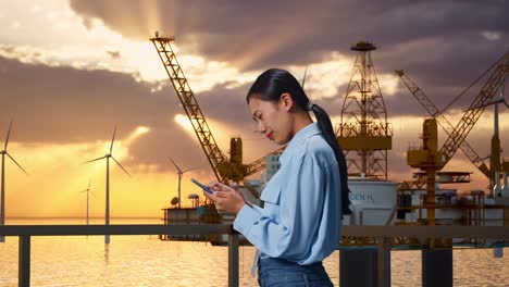 side view of an asian female professional worker standing with her smartphone with offshore hydrogen production, high-tech industrial facility, checking with dissapionted and nodding her shead