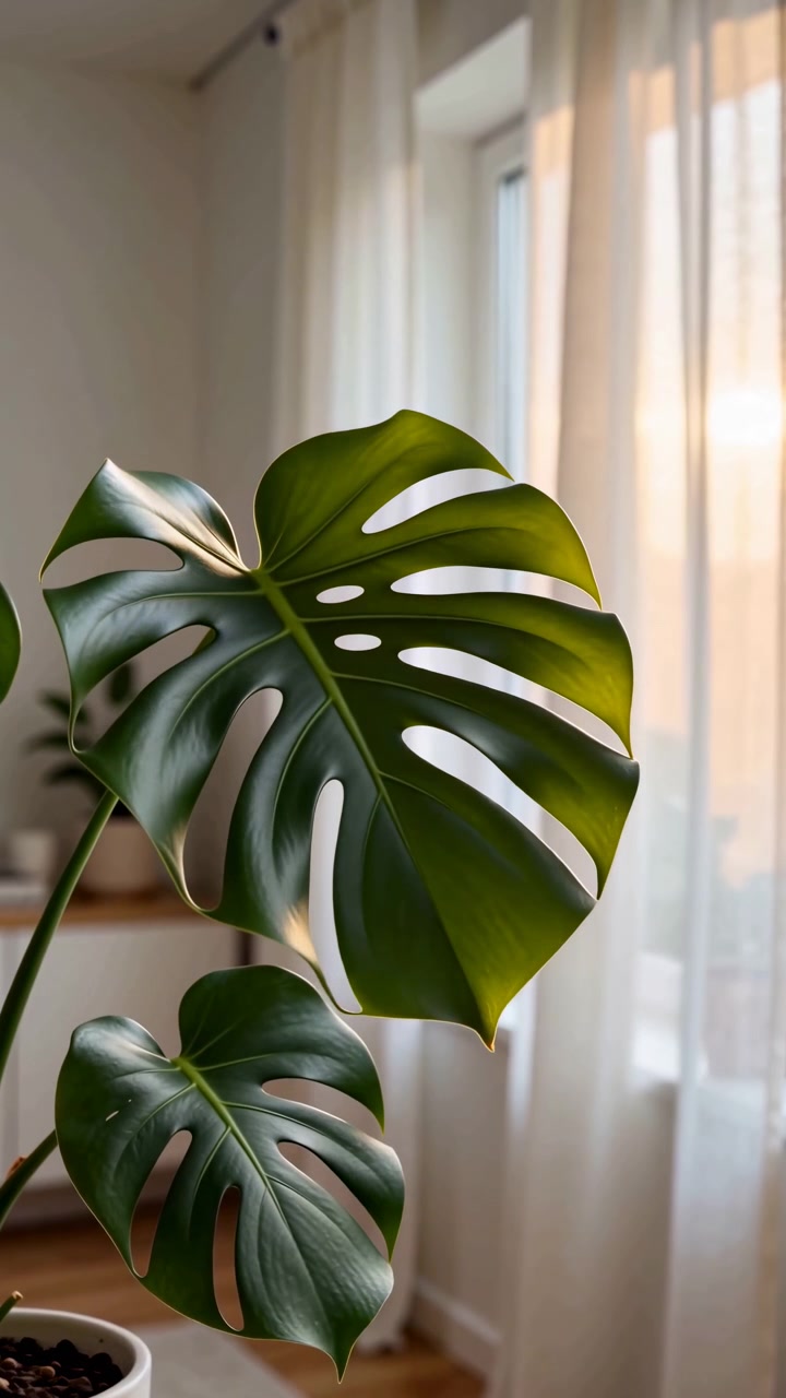 Vista ravvicinata del fogliame lussureggiante di monstera che si muove delicatamente vicino alla luce della finestra, con foglie verdi sovrapposte, motivi traforati, illuminazione soffusa e una composizione verticale che evidenzia i dettagli naturali della pianta.