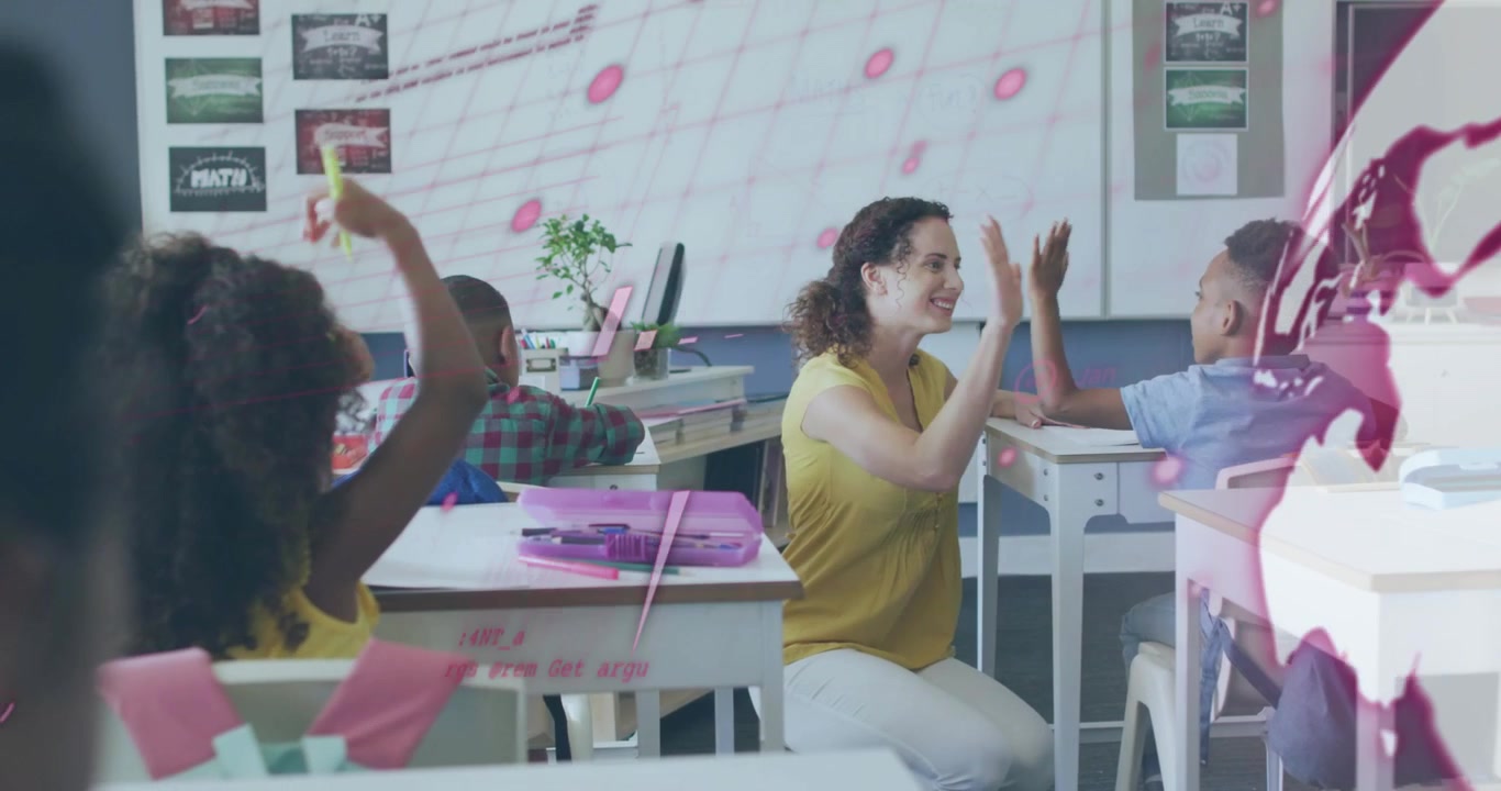 Teacher kneeling beside student in class helping pointing and high-fiving as pink overlay obscuring