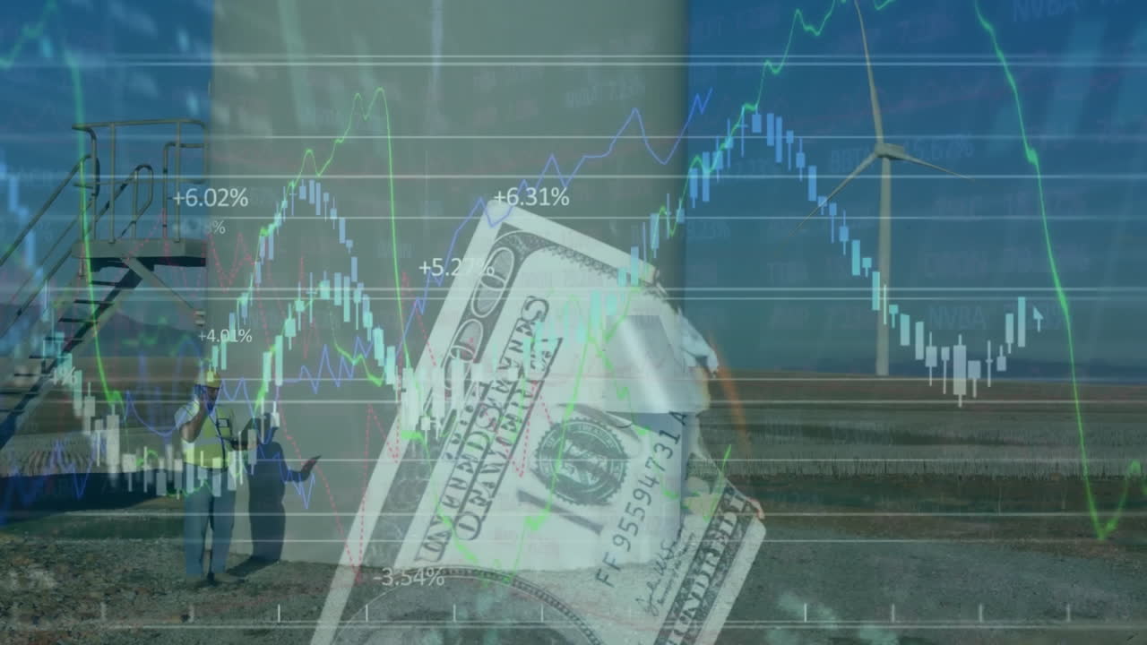 animación de la turbina eólica, billetes de dólar estadounidense, ingeniero masculino y procesamiento de datos financieros