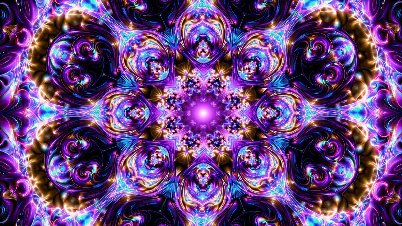 Purple and gold colors forming a mesmerizing kaleidoscope pattern, creating a complex mandala with a bright center and hypnotic swirls ideal for backgrounds and spiritual designs
