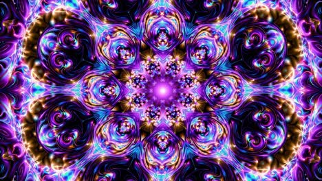 purple and gold colors forming a mesmerizing kaleidoscope pattern, creating a complex mandala with a bright center and hypnotic swirls ideal for backgrounds and spiritual designs