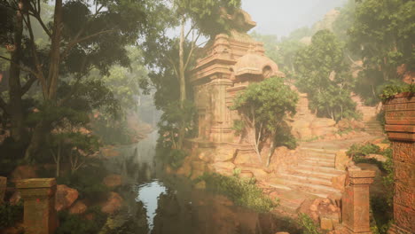 ancient temple ruins hidden in the lush jungle of thailand at dawn