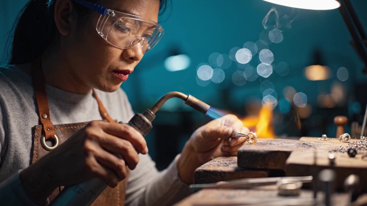 Artesão focado em metalurgia com maçarico; criando joias intrincadas com habilidade e precisão em uma oficina bem iluminada, demonstrando arte e paixão