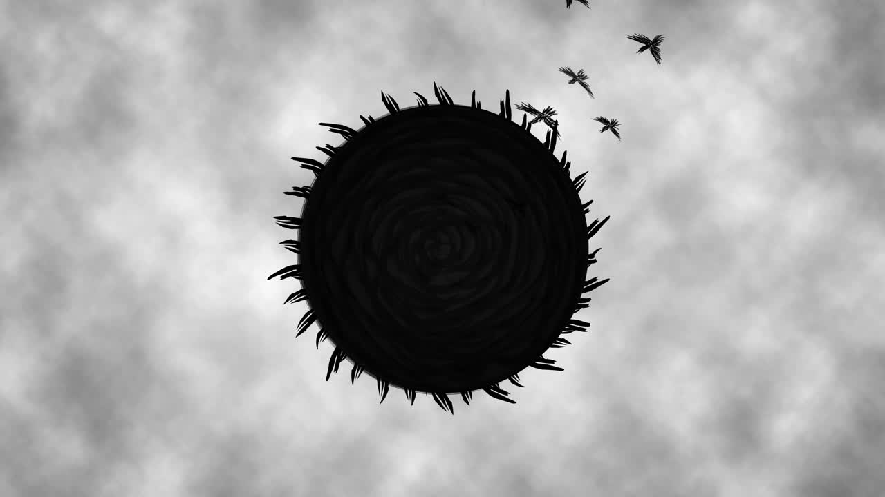 검은 태양이 회전하여 까마귀 애니메이션을 끌어당니다.
