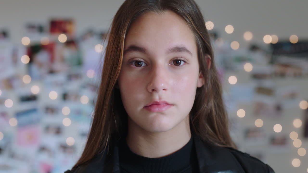 retrato de una hermosa adolescente con aspecto confiado adolescente en casa adolescente concepto de autoimagen 4k metraje