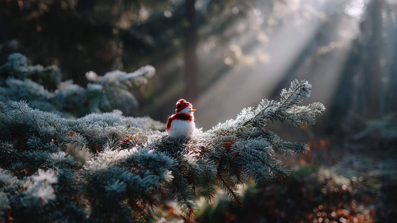 Eine bezaubernde Waldszene mit einem gemütlichen Vogel, der auf einem frostigen Kiefernzweig sitzt, beleuchtet von sanften Sonnenstrahlen, die durch den nebligen Wald dringen