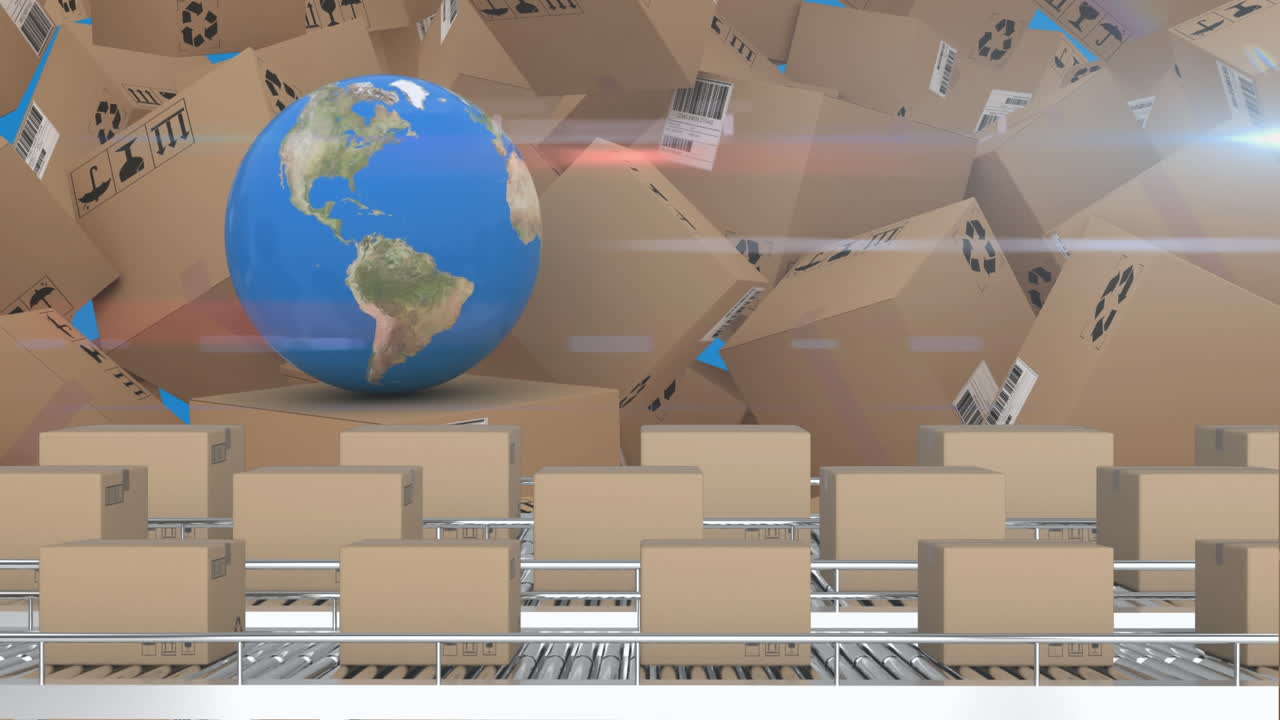 ⁇ 쳐진 상자 들 의 애니메이션 이 움직이고 있으며, 그 배경 에는 지구와 카드보드 상자 들 의  ⁇ 어리 가 있다