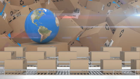 animation of stacked up boxes moving with globe and pile of cardboard boxes in background