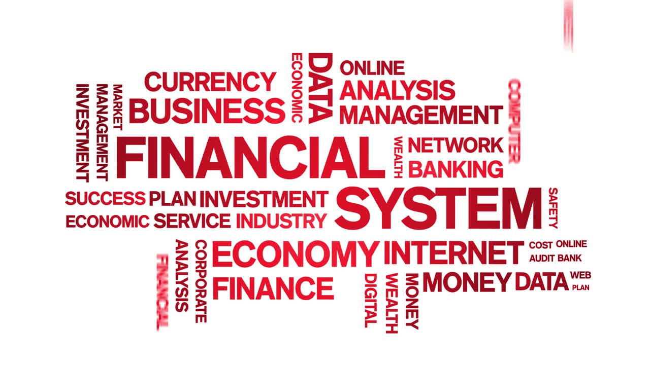 sistema finanziario 4k tag animato nuvola di parole, disegno di testo animazione ciclo senza soluzione di continuità