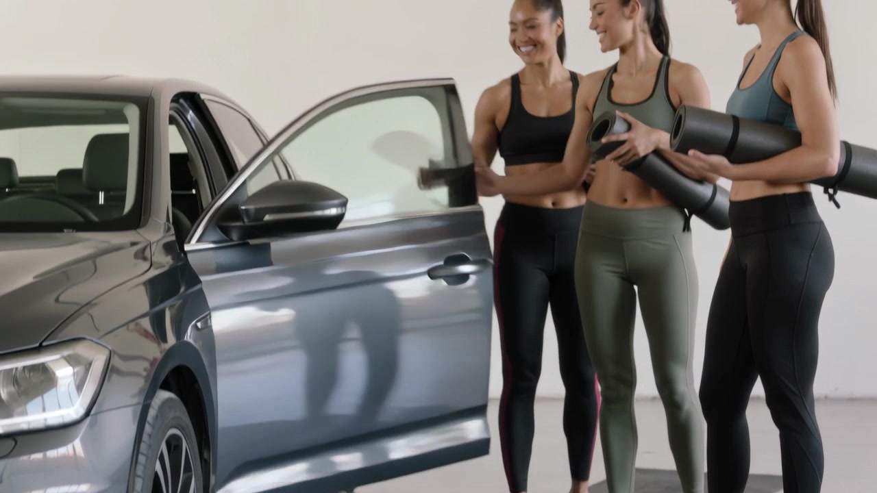 Alcançando e puxando a porta de carro cinza, 3 mulheres de leggings segurando tapetes espreitando dentro do estúdio, espaço para texto