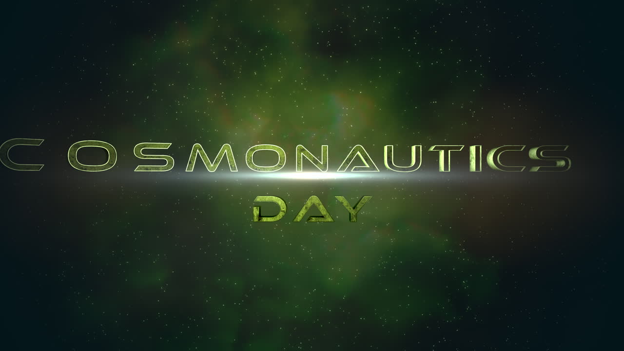 Cosmonautics Day with green dramatic cloud and stars field in galaxy