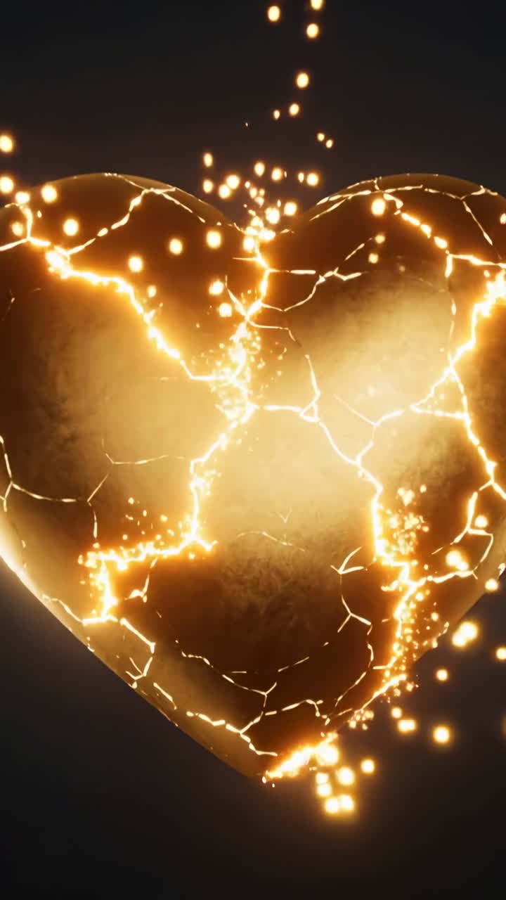 Video verticale: cuore di metallo che si rompe, sputando scintille con fessure che si approfondiscono su uno sfondo scuro