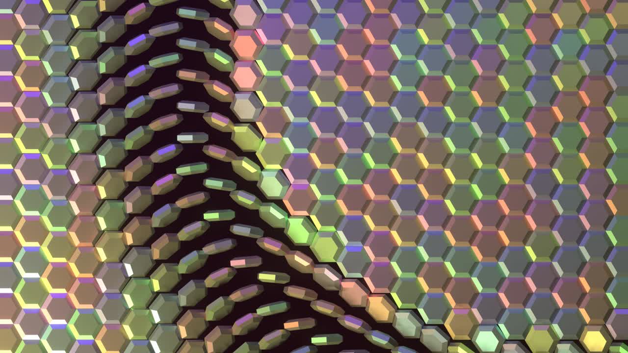 bloques de hexágono artísticos y coloridos, efectos de transición, volando y cerrándose entre sí.