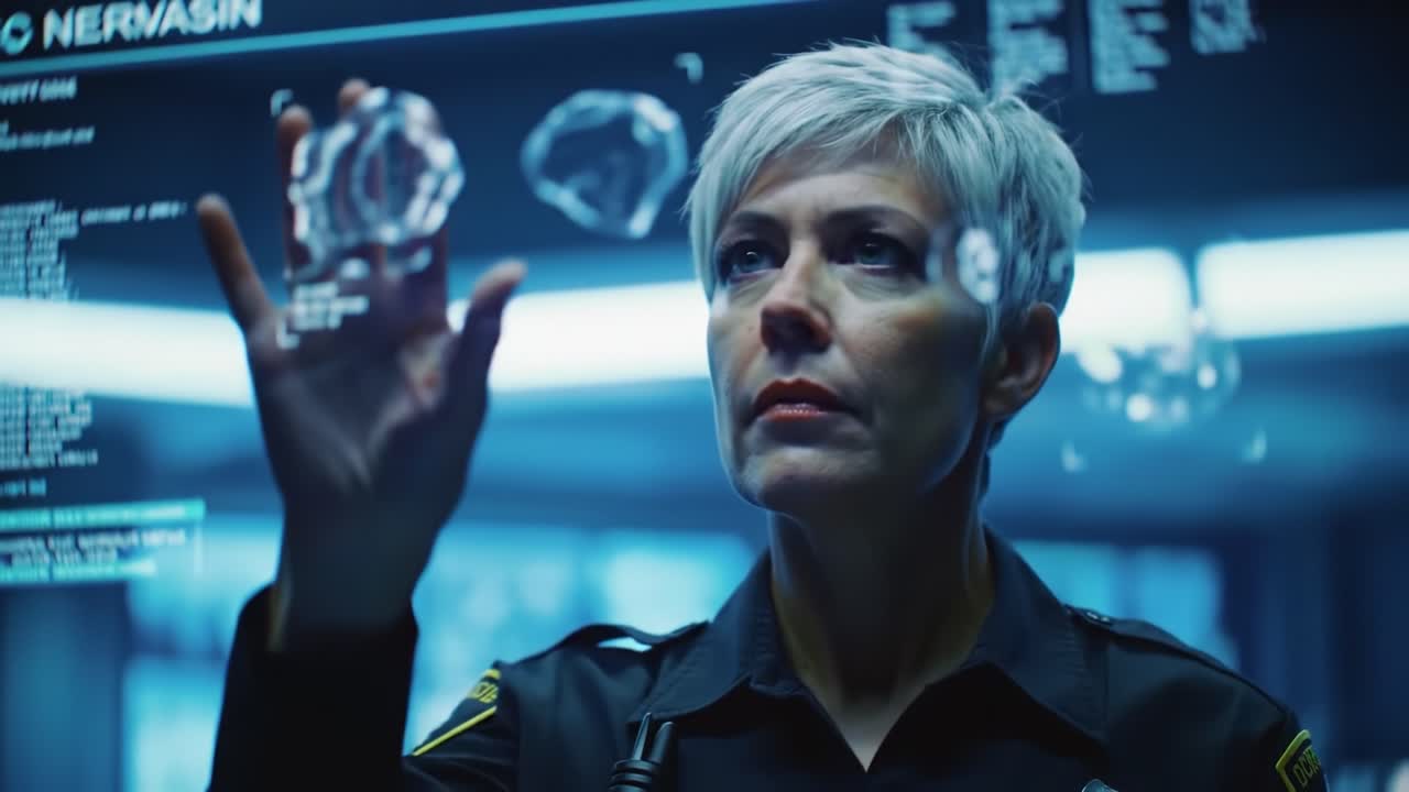 In a high-tech control room, an officer examines critical data displayed on screens, utilizing advanced technology to gather vital information. The atmosphere is tense as decisions are made at dawn.