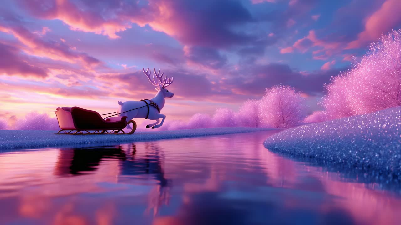 A whimsical and enchanting scene featuring a majestic reindeer pulling a sleigh through a shimmering landscape of pink trees and a reflective river, set against a breathtaking sunset sky with vibrant hues