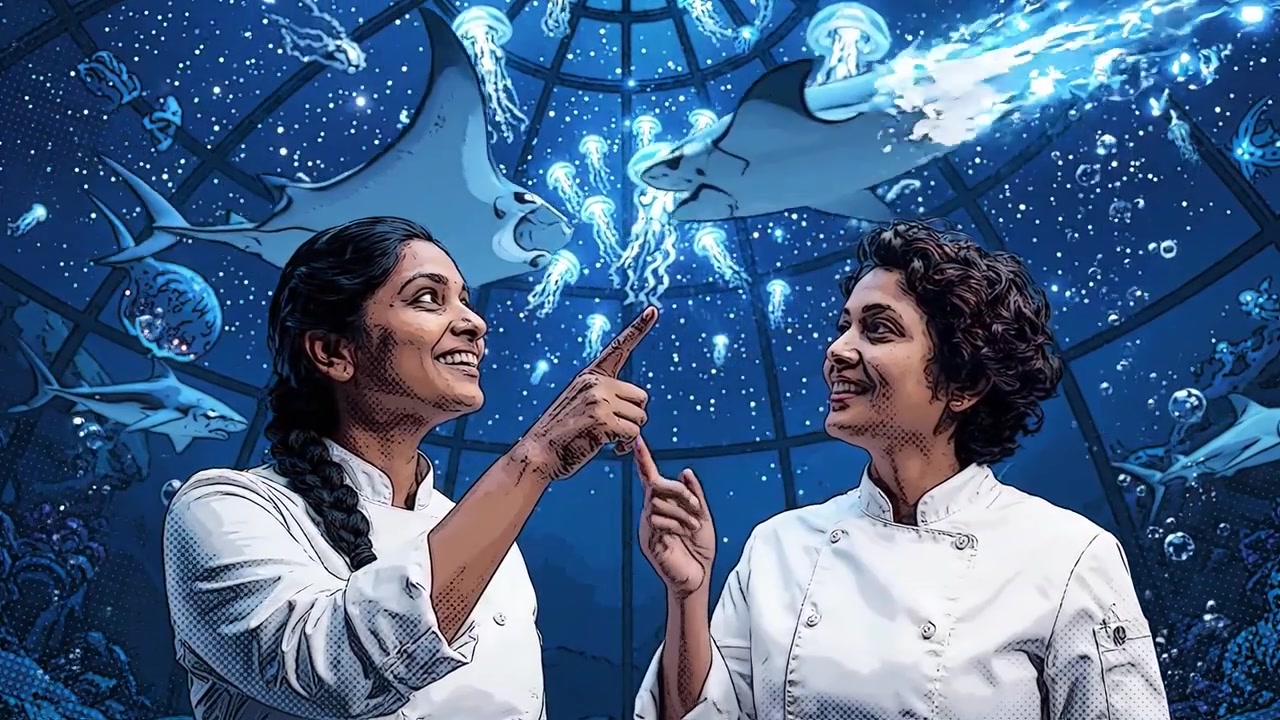 Due Chef in un Paradiso Sottomarino: Ammirando le Meraviglie dell'Oceano tra Meduse, Squali e Coralli in una Splendida Ambientazione a Cupola di Acquario