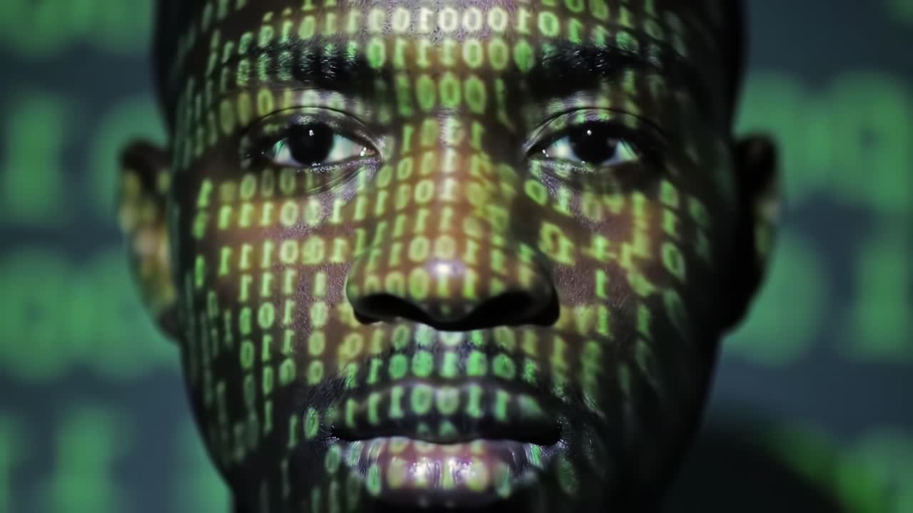 Een introspectief portret van een persoon, verlicht door binaire code, dat de kruising van menselijkheid en technologie in het digitale tijdperk symboliseert