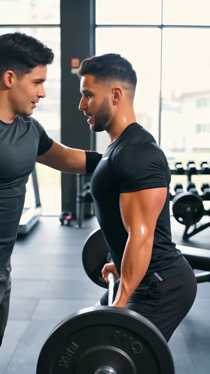 Personal Trainer Guides Man During Weightlifting Workout in Gym | Vídeo ...