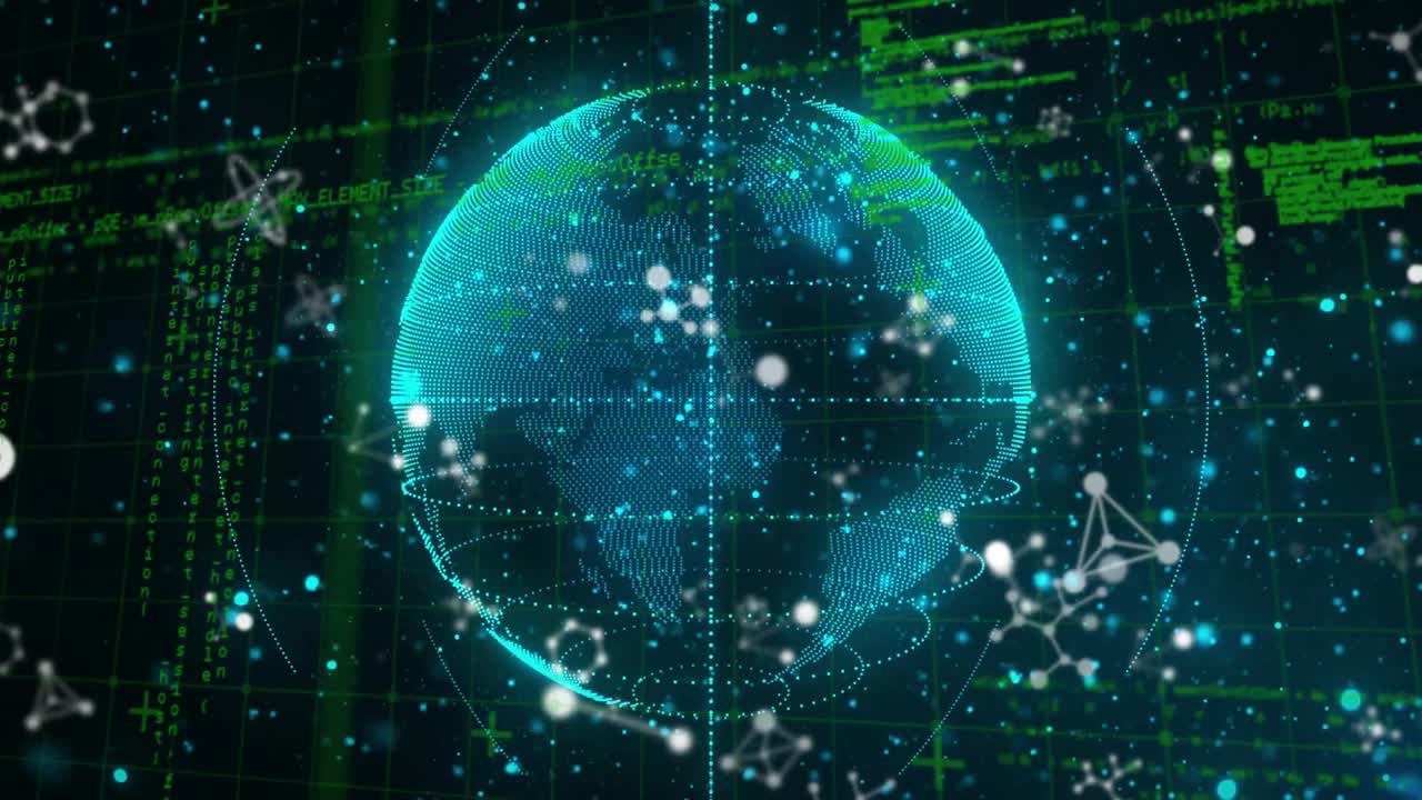 Turquoise dot globe materializing in dark code field, rotating revealing nodes and clustering data