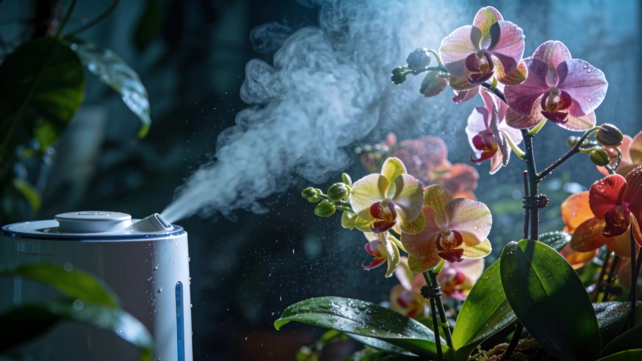 Humidificateur blanc émettant de la brume à travers un coin de serre, humidifiant des orchidées phalaenopsis.