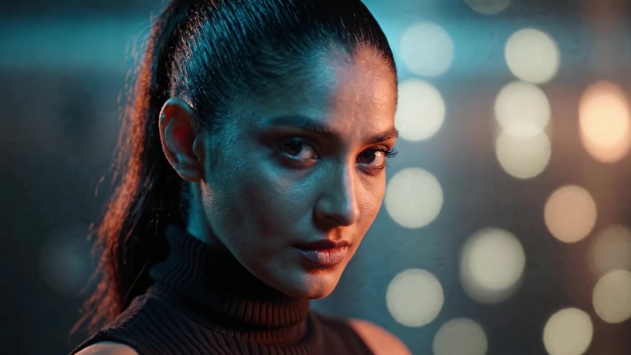 Captivating Close-Up Portrait of a Woman with Enigmatic Expression Set Against a Softly Blurred Background with Bokeh Lights
