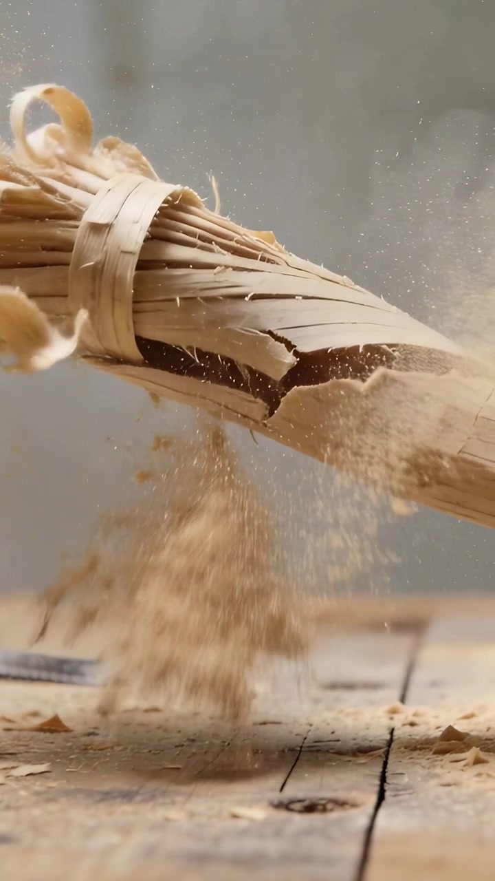 Vertical video: Flexing curled wood shaving fracturing and dropping on bench, shedding fine sawdust