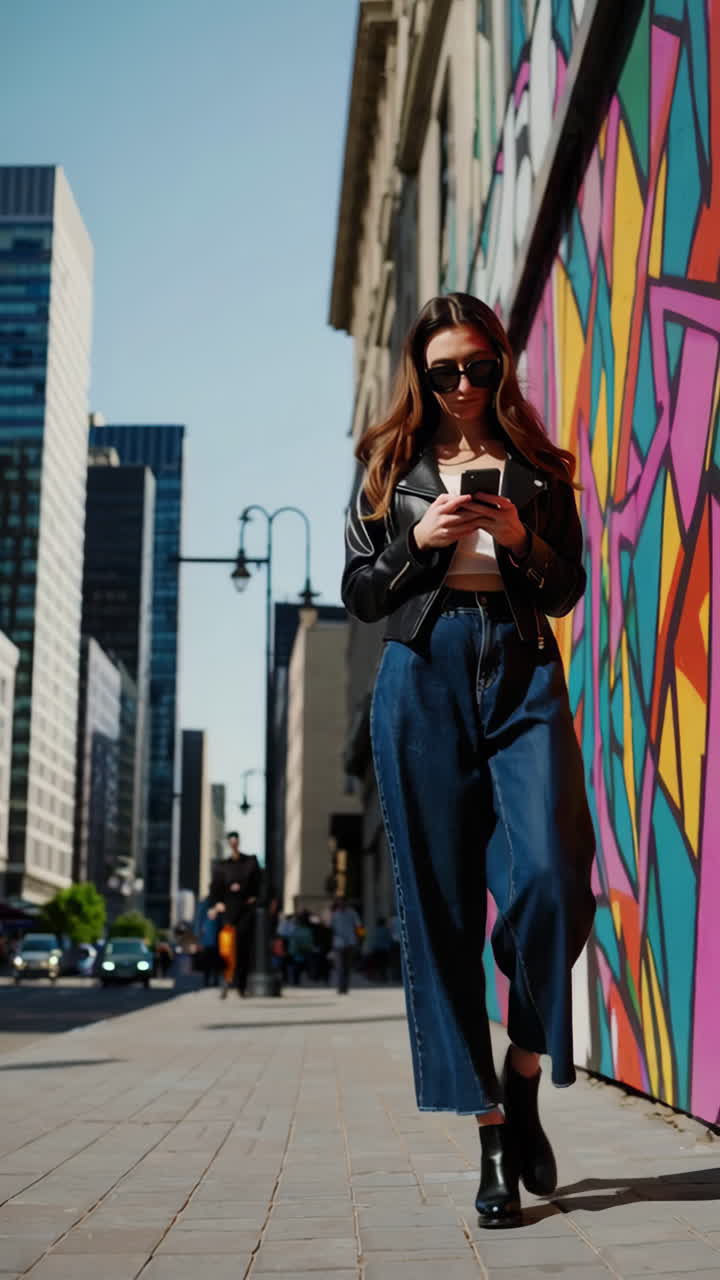 Young woman walking in the city looking at her phone next to a vibrant mural