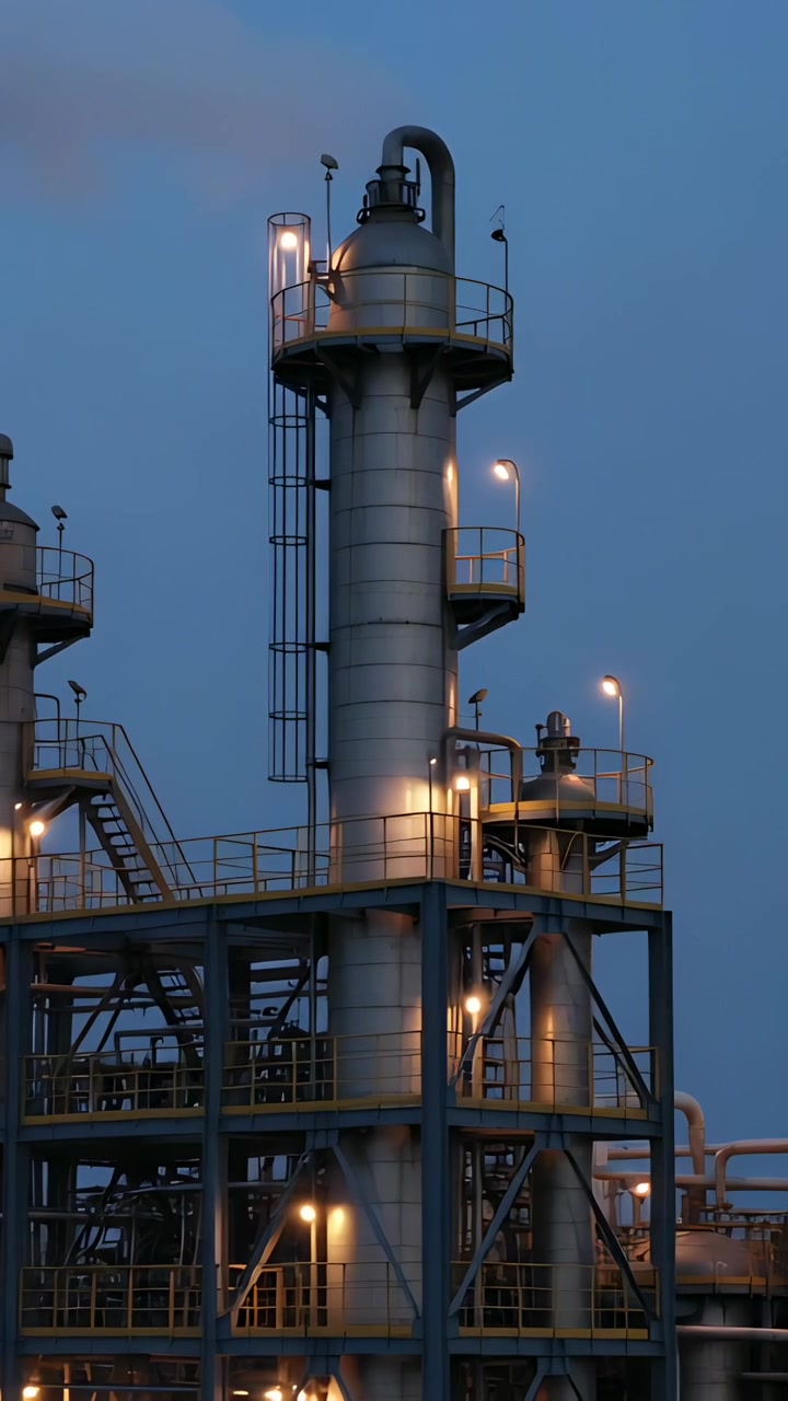 Vertical video: Sky dimming, column venting faint plume as amber lamps lighting platforms at plant