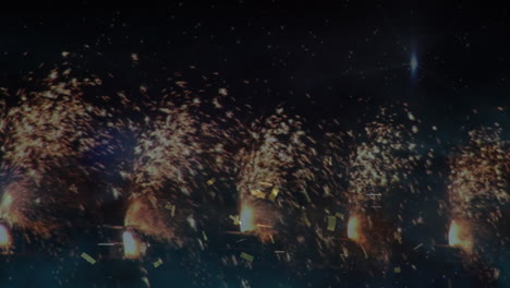 animation of rows of fireworks exploding and confetti falling