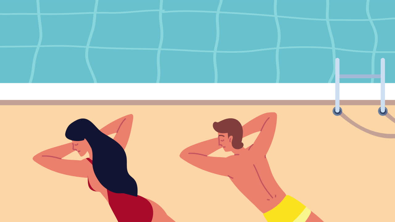 수영장 애니메이션에서 휴식을 취하는 커플