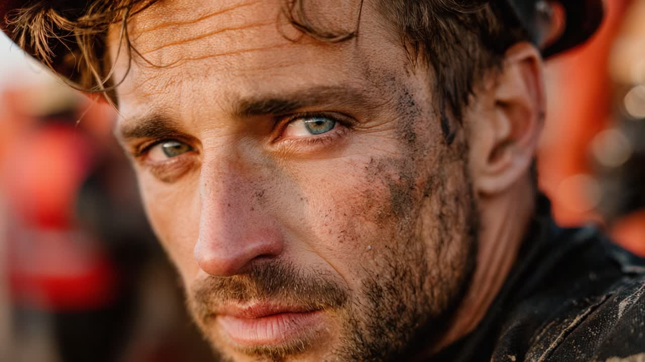 Intense Portrait of a Weathered Worker Capturing Resilience and Determination in a Gritty Setting with Striking Blue Eyes and a Facade of Dust and Sweat